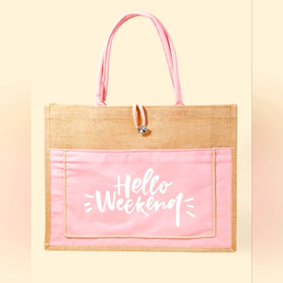 No Brand Handbags - Women's Hello Weekend Light Pink & White Burlap Tote Bag